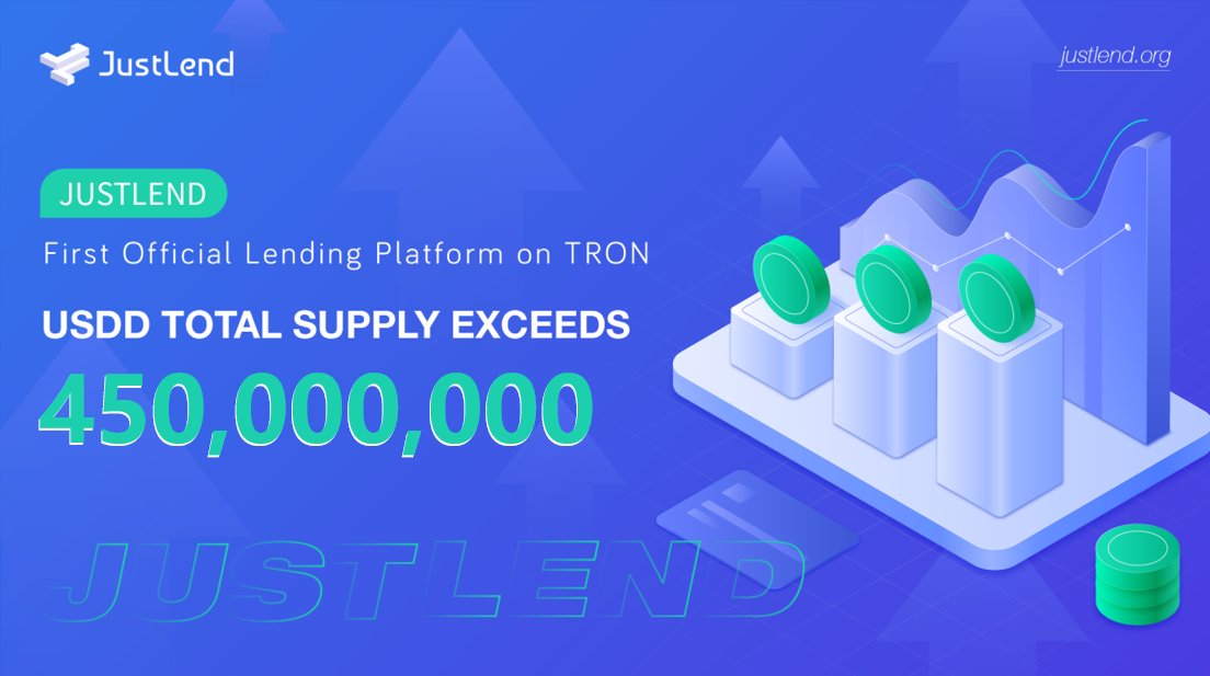 DeFi_JUST's tweet photo. 🚀#USDD supply mining on #JustLend is in full swing

🏆#USDD total supply on #JustLend has reached a $450 Million milestone

💰Earn Passive Income at https://t.co/2GyoCiftGN https://t.co/R6LON66POA