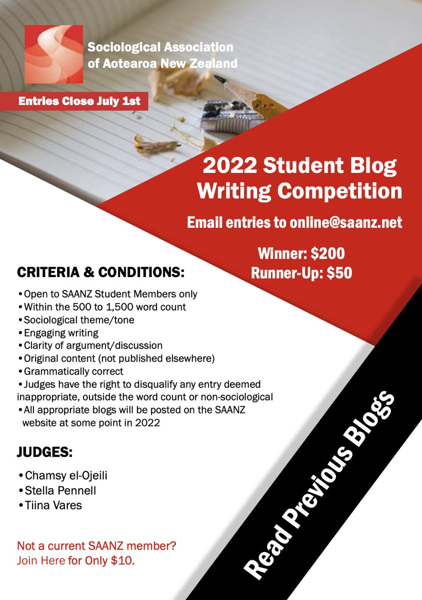 SAANZSociology's tweet photo. 2022 Student Blog Writing Competition

Entries accepted until July 1st

Email your entry to online@saanz.net 

Please see the attached flyer for the competition guidelines and further information, or access the flyer through this link: https://t.co/InSiDhXpDG https://t.co/WghxPgVJe5