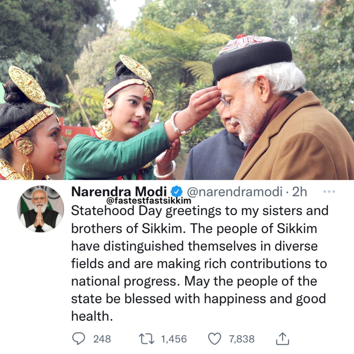 FastSikkim's tweet photo. Prime Minister Narendra Modi greets Sikkim People on the occasion of Sikkim’s Stade Day.
#sikkimstate #statehoodday #narendramodi #fastestfastsikkim https://t.co/BoO6GlpuKa