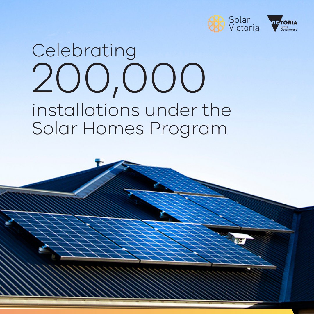 SolarVictoriaAU's tweet photo. 🎉 Starting the week with some exciting news! Our #SolarHomes Program has now helped more than 200,000 homes cut their energy bills through the installation of rooftop solar, hot water, heat pumps &amp; batteries. Find out how you can get a rebate to go solar: https://t.co/1cGbj6udsy https://t.co/qHjf5N7WCv