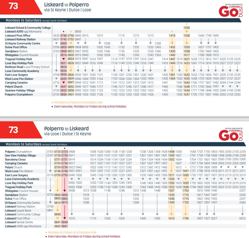 GoCornwallBuses's tweet photo. There is a Road Closure between St Keyne and Liskeard starting on 3rd May to 20th May. During this closure there will be no #TFC73 service between Liskeard and St Keyne buses will run via Liskeard-Dobwalls- Duloe in both directions. Emergency timetable is attached here. https://t.co/l37R0yJ7e9