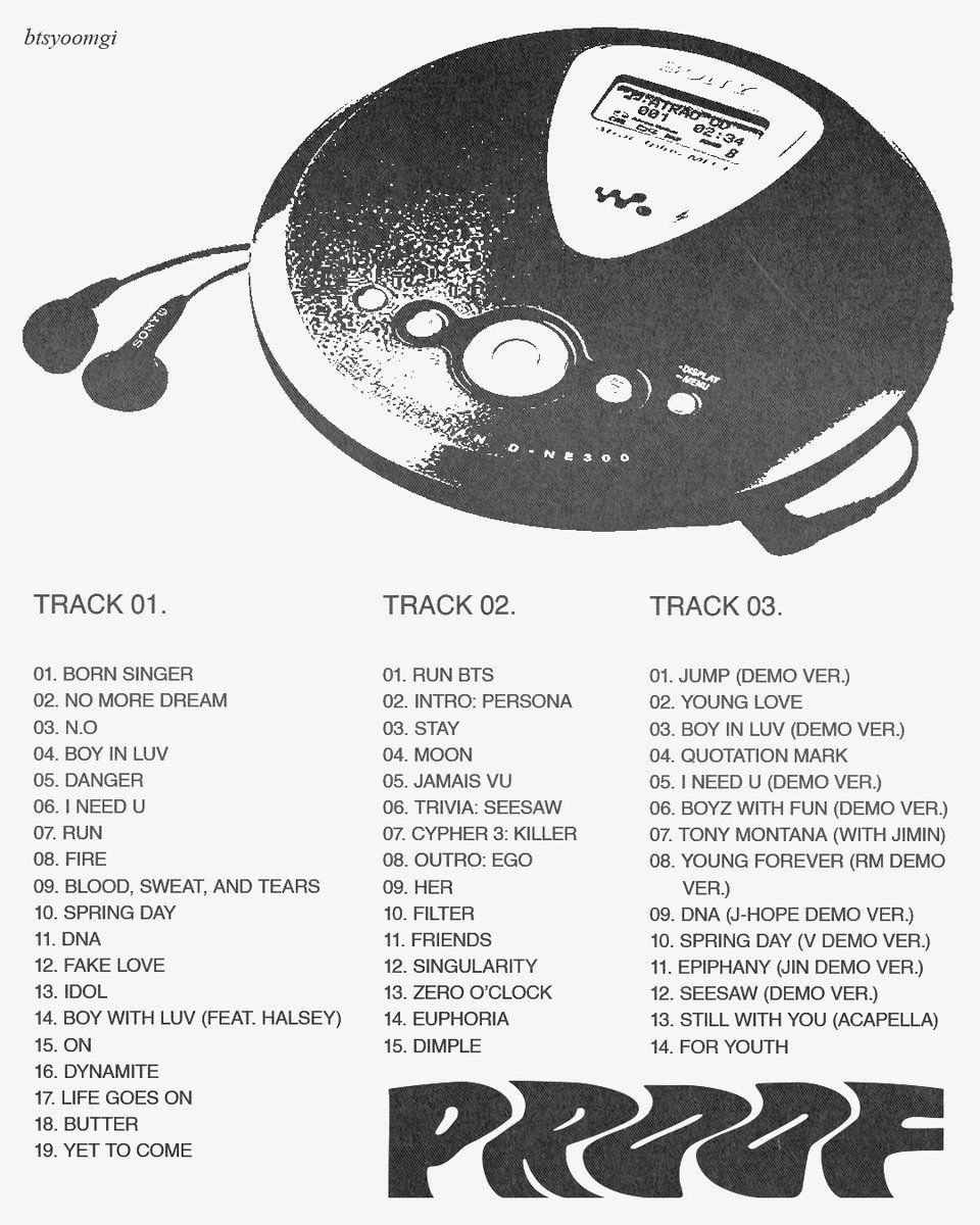 btsyoomgi's tweet photo. bts proof tracklists
#BTS #BTS_Proof #PROOF_TRACKLIST #gvfxarmy_edit #btsfanart https://t.co/qoab7BYSpz