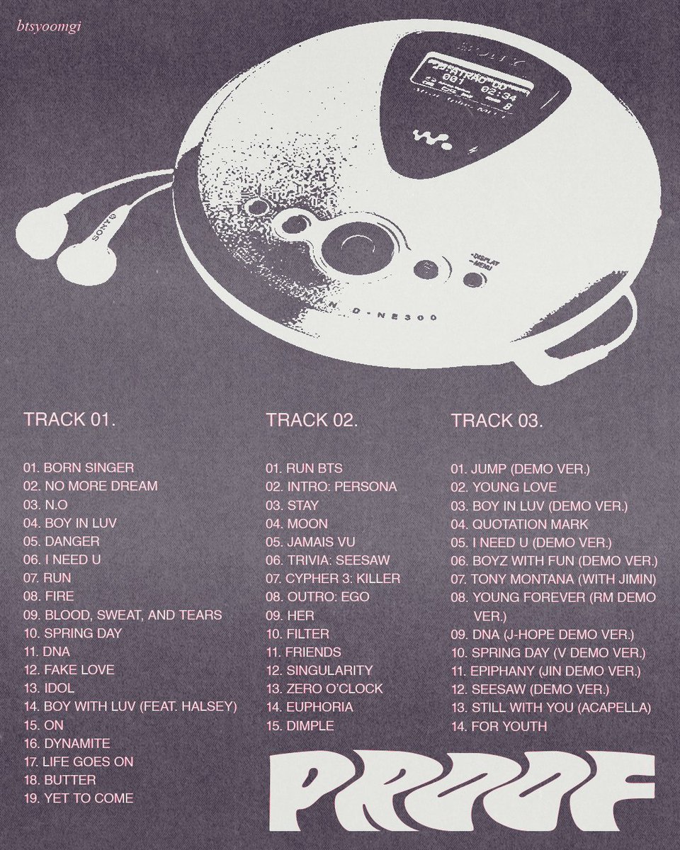 btsyoomgi's tweet photo. bts proof tracklists
#BTS #BTS_Proof #PROOF_TRACKLIST #gvfxarmy_edit #btsfanart https://t.co/qoab7BYSpz