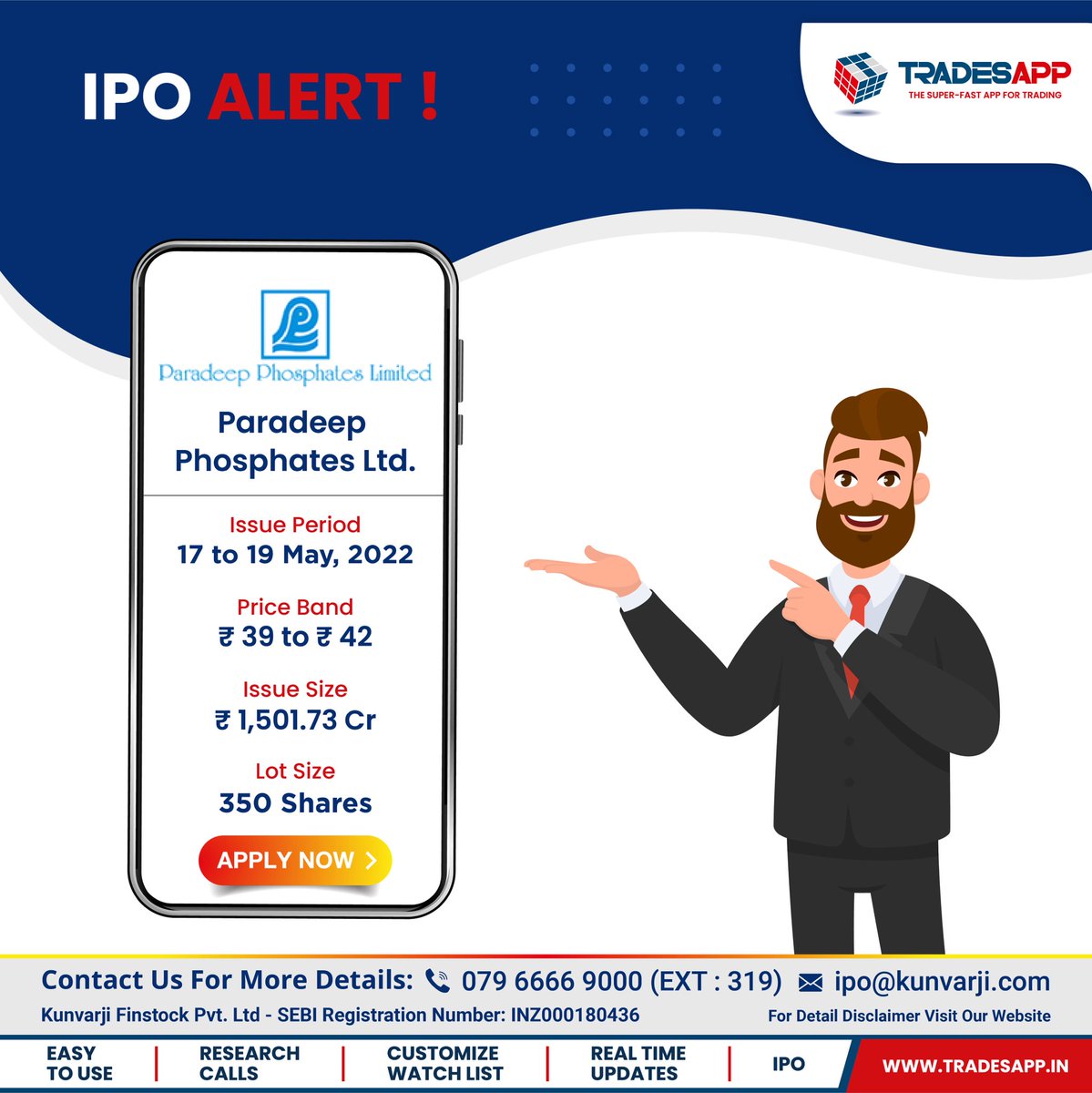 trades_app's tweet photo. IPO - COMING SOON  !
Paradeep Phosphates Ltd : https://t.co/GGb7t5AIHQ.

Price Band: Rs 39 - Rs.42
Offer Period: 17th May - 19th May,2022

For more information &amp; details , contact : 079 6666 9000 (EXT - 319) OR visit : https://t.co/voY5GZ3m2n https://t.co/EaSUWmeuG7