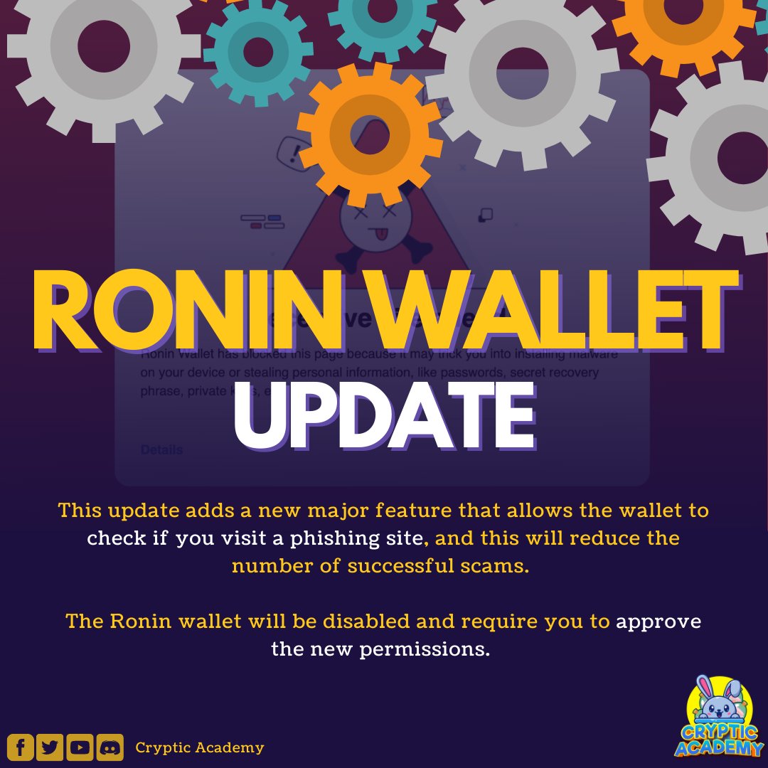CrypticAcademy's tweet photo. ⚙️Ronin Wallet Browser Extension Update ⚙️

 "This update adds a new major feature that allows the wallet to check if you visit a phishing site. This will reduce the number of successful scams."

- ProgrammaticallyPull via Axie Infinity's Discord

#AxieInfinity
#CrypticAcademy https://t.co/cFwXtBZm7U