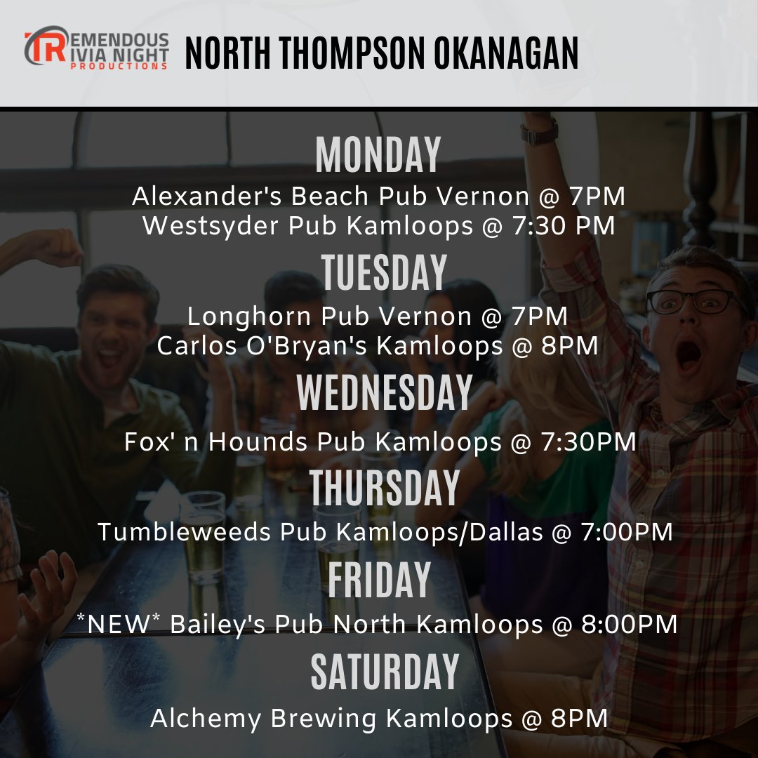 tremendoustriv's tweet photo. Here is this week's schedule for May 16-22. All our events are ON, except our Saturday night show at McCulloch Pub in East Kelowna. We are at Neighbours Pub and at DunnEnzies Pizza Co. on Sunday night, for those of you who have the day off on Monday! https://t.co/WuOZ1XZTbI