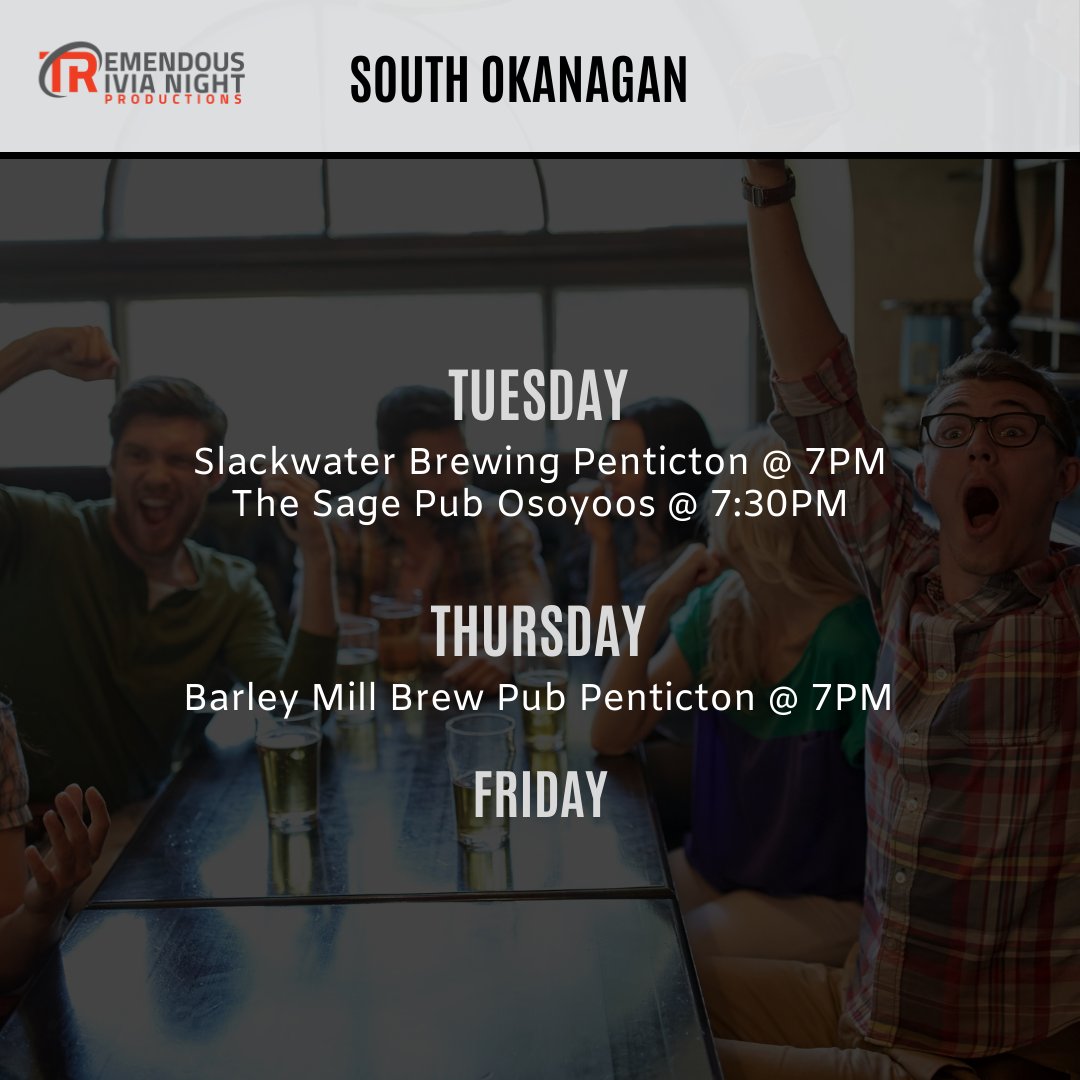 tremendoustriv's tweet photo. Here is this week's schedule for May 16-22. All our events are ON, except our Saturday night show at McCulloch Pub in East Kelowna. We are at Neighbours Pub and at DunnEnzies Pizza Co. on Sunday night, for those of you who have the day off on Monday! https://t.co/WuOZ1XZTbI