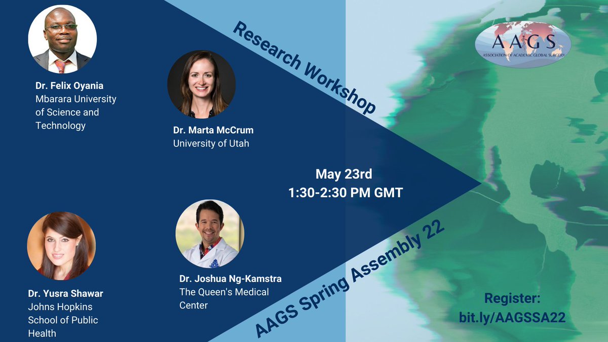 aaglobalsurgery's tweet photo. Ask the right questions, use the right methodology, make meaningful change!
Join us for the AAGS research workshop at our Spring Assembly!
📆 May23rd 1:30-2:30 GMT
Register at: https://t.co/yQJWzLeZ6X
#AAGSSA22 #Research #GlobalSurgery https://t.co/jhT18ybYGc