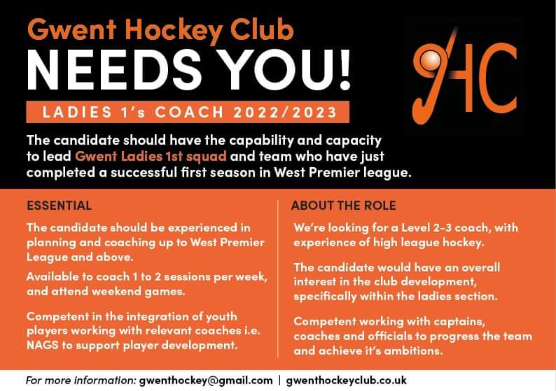 GwentHockeyClub's tweet photo. Gwent Hockey are looking for a Ladies 1's coach for the 2022/23 season, if you are interested or know someone who is, please get in touch! https://t.co/sKDuatifIs