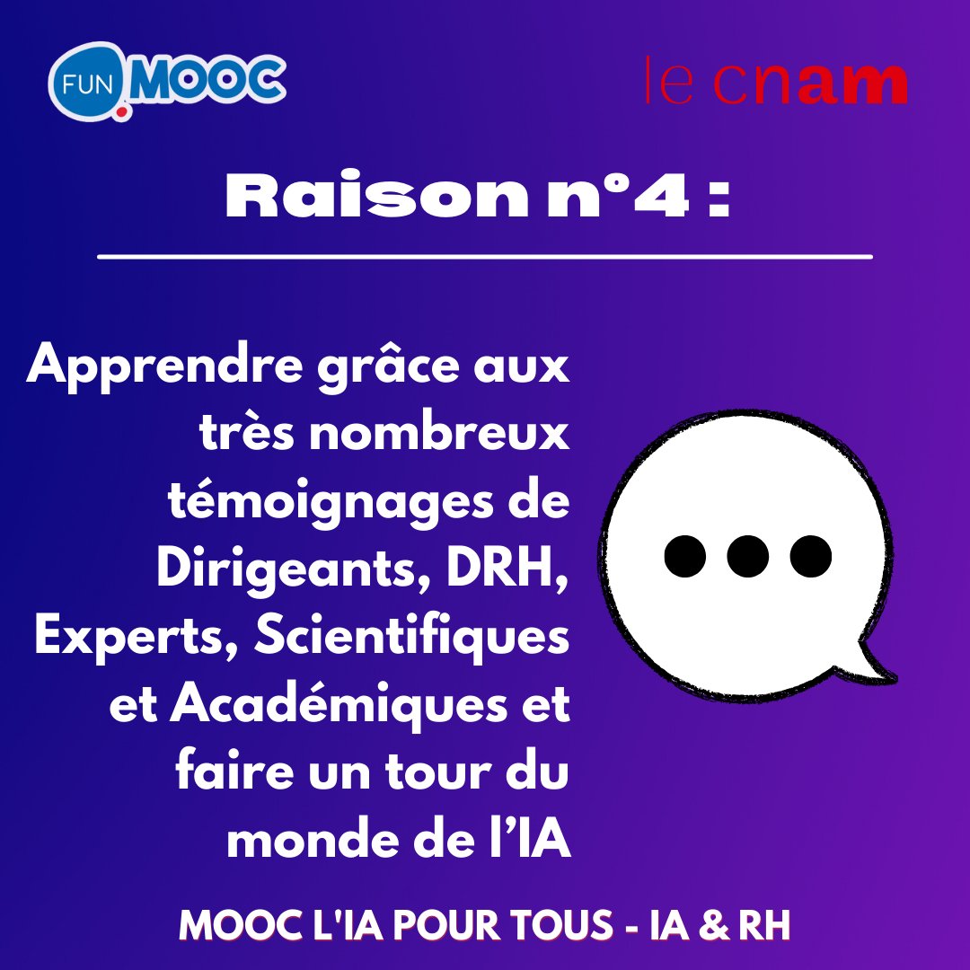 CecileDejoux's tweet image. 🤯 J-1... Pourquoi s’inscrire à cette nouvelle session du 𝐌𝐨𝐨𝐜 𝐋'𝐈𝐀 𝐩𝐨𝐮𝐫 𝐭𝐨𝐮𝐬 qui débutera ce 17/05 ? On vous dit tout en 5 raisons... focus sur les 3 dernières !

Inscrivez-vous et parlez-en autour de vous ➡️fun-mooc.fr/fr/cours/linte…
 #IA #RH
@LeCnam @FunMooc