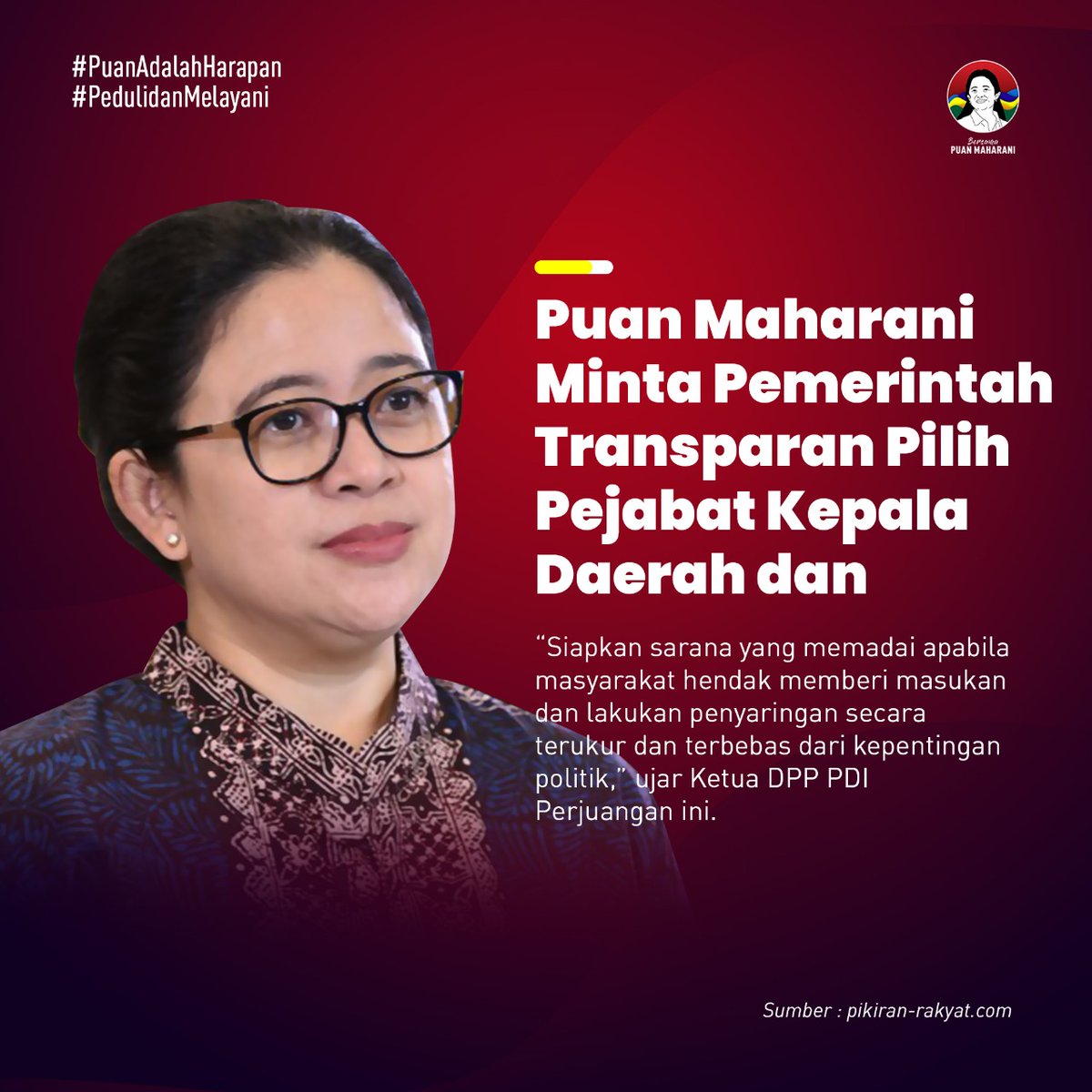 Zedrlq's tweet photo. Puan Maharani meminta pemerintah untuk transparan dalam memilih pejabat
#HarapanPerempuan
Puan Peduli Melayani https://t.co/jDiG6uuY6r