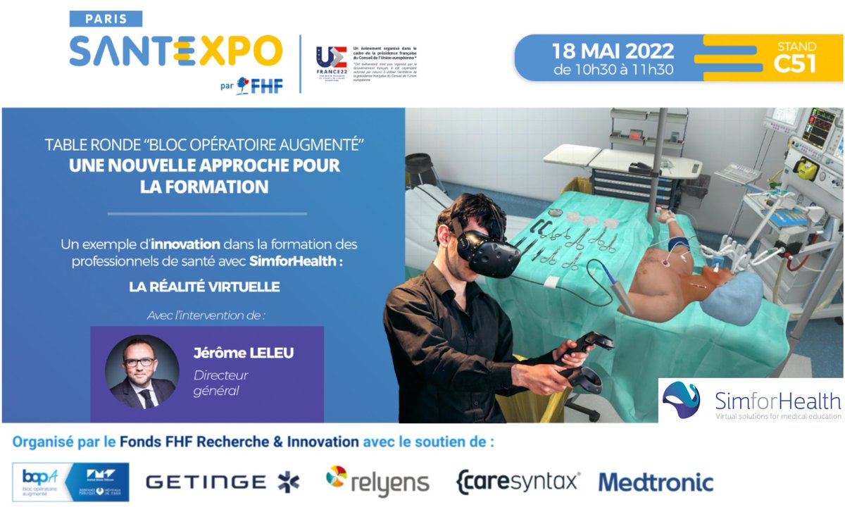 jeromeleleu's tweet photo. #SANTEXPO J-2 : J'ai le plaisir de participer avec @SimforHealth  à la table-ronde "Bloc opératoire augmenté - Une nouvelle approche pour la #formation" organisée par le @FondsFHF ce mercredi 18 mai de 10h30 à 11h30 - Stand C51 

 📌: https://t.co/OzePXsQy37 #VR #Esanté #hcsmeufr https://t.co/jw9wcHqT74