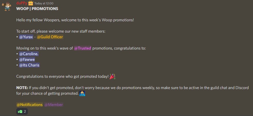 WoopGuild's tweet photo. WOOP!!!!!!!!!

Congratulations to cwroline, fawwexd and sketu on getting promoted to Trusted this week! 🎉

And a huge welcome SlickYurax to the Officer team! 🥳 https://t.co/N4qc3GhdxP