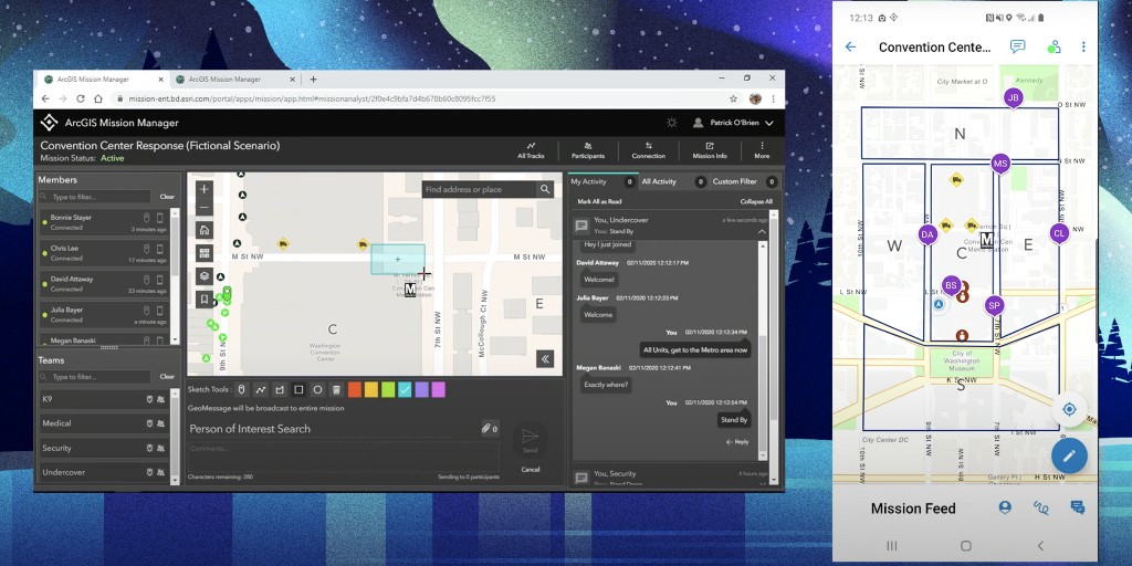 ArcGIS Mission map on the left and mobile device on the right.
