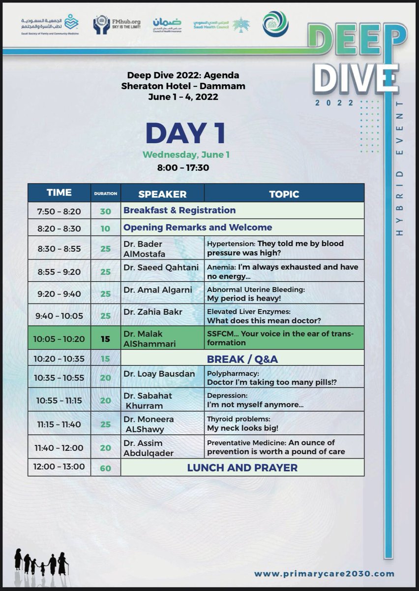 SSFCM_org's tweet image. Deep Dive 2022 is just around the corner! We’re excited to share with you the hand selected speakers and high yield topics we’ve prepared for you!

Take a look at the Agenda and Speakers for DAY 1 of #DD2022

Register here:
Primarycare2030.com

نراكم في #مؤتمر_الحالمين