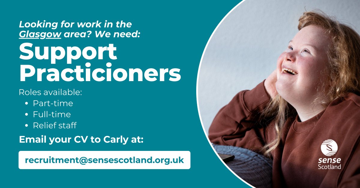 SenseScotland's tweet image. Looking for work in the Glasgow area? We&apos;re recruiting Support Practitioners on a Full Time, Part Time and Relief basis! 

Come join us and start a career with a #SenseOfFulfilment and a #SenseOfFun.

Email Carly at recruitment@sensescotland.org.uk with your CV now.