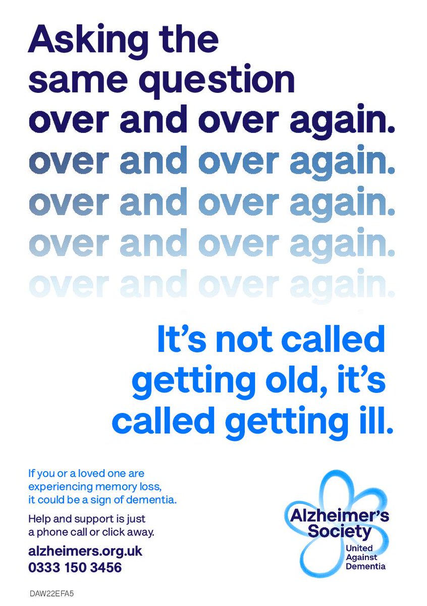 Today marks the start of Dementia Action Week, the theme being 'diagnosis'. 
Recognising dementia symptoms and empowering people to take the next steps towards diagnosis.
It's not called getting old, it's called getting ill. @QEGateshead @FindleyGill @alzheimerssoc
#DAW2022