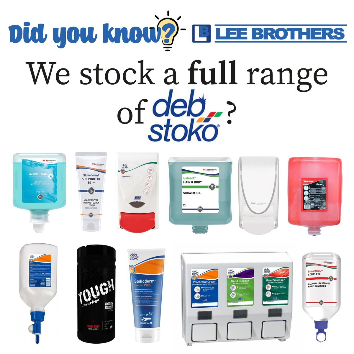 Did you know that we sell a full range of deb stoko hand cleaning / protection products? ...now you do!

#deb #leebrothers #ppe #didyouknow #ppesuppliers #hands #debstoko