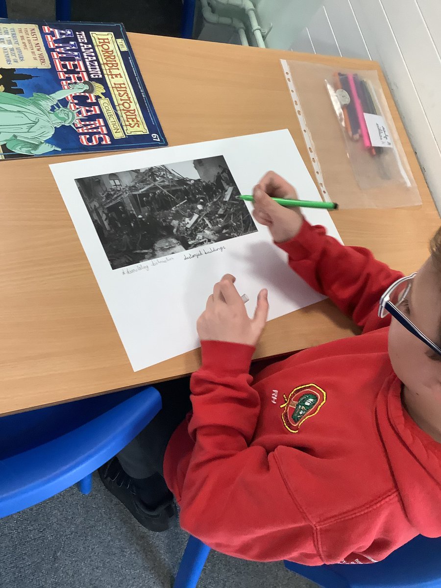 Year6OPS's tweet photo. Some fantastic sharing of ideas in English as we prepare to write our descriptive paragraphs about the Blitz. Using empathy and all our senses we are able to convey the devastation. #English #empathy #contextualised #history https://t.co/i1zDSZkjQd
