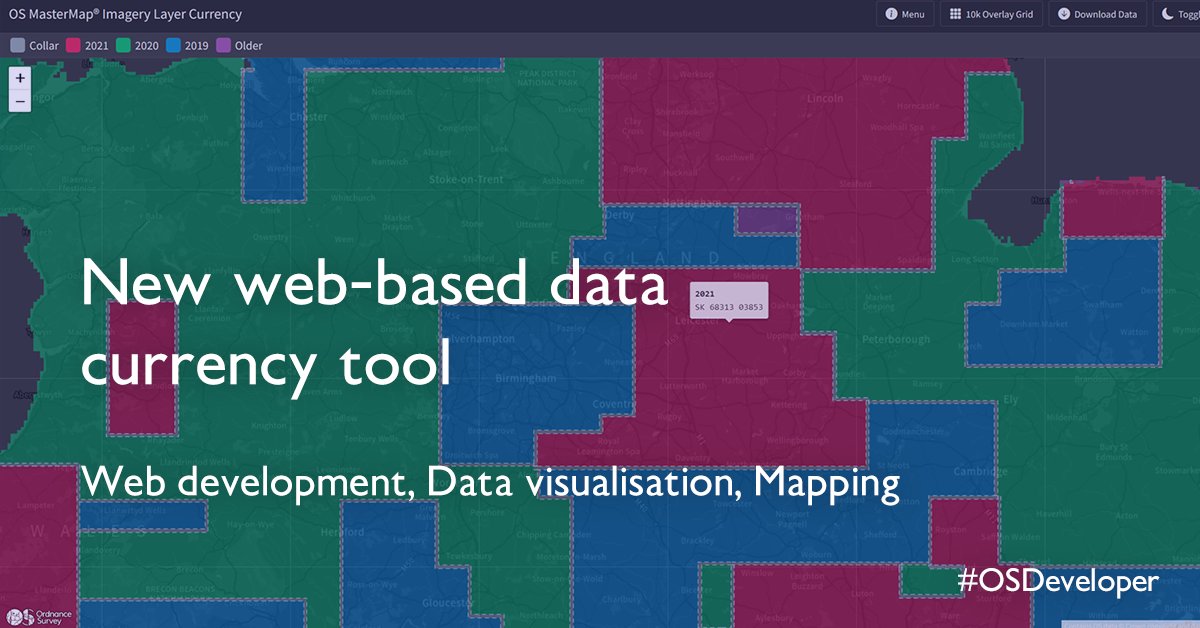 OrdnanceSurvey's tweet image. How can we determine the age of the product our customers receive for a given location?
Geospatial Associate, Archie Biddiscombe shares the new currency viewer for the OS MasterMap Imagery layer, in our latest blog: ow.ly/Ow5F50J8JpM
#OSDeveloper