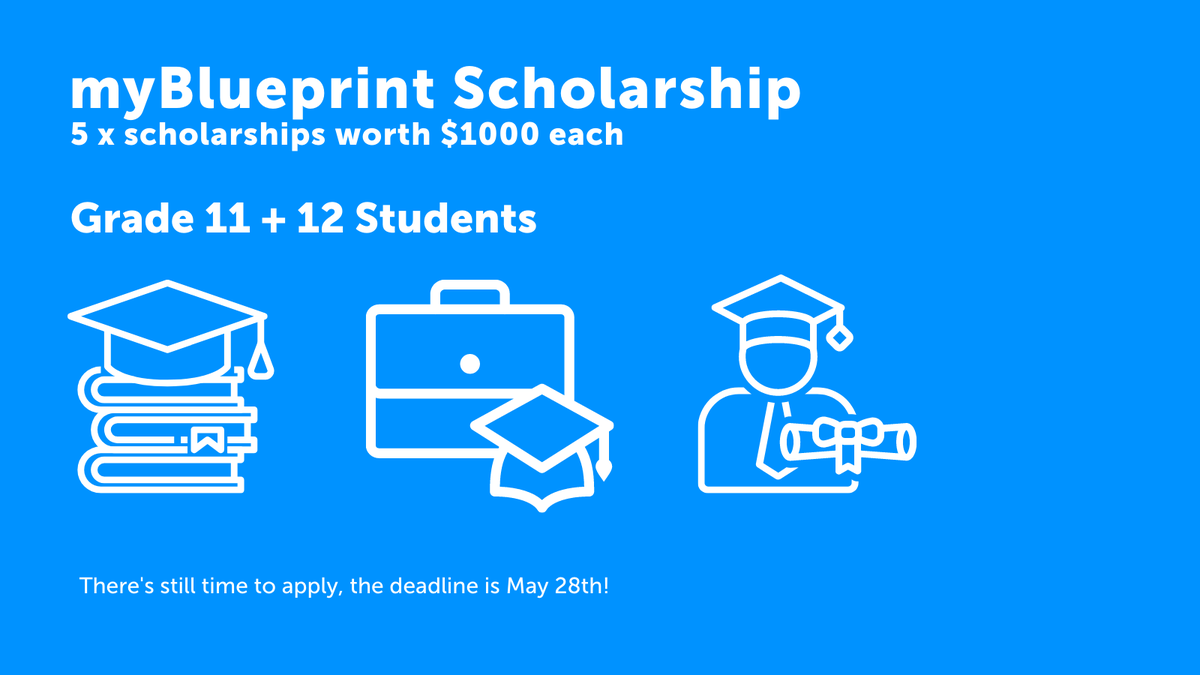 myblueprint's tweet photo. Did you forget that myBlueprint is offering 5X scholarships worth $1000 each? The contest is open to grade 11 and 12 students across Canada (N/A in Quebec &amp; students must attend a Canadian Institution)

See the link in our bio. It's not too late! https://t.co/1z8Z0F87ij