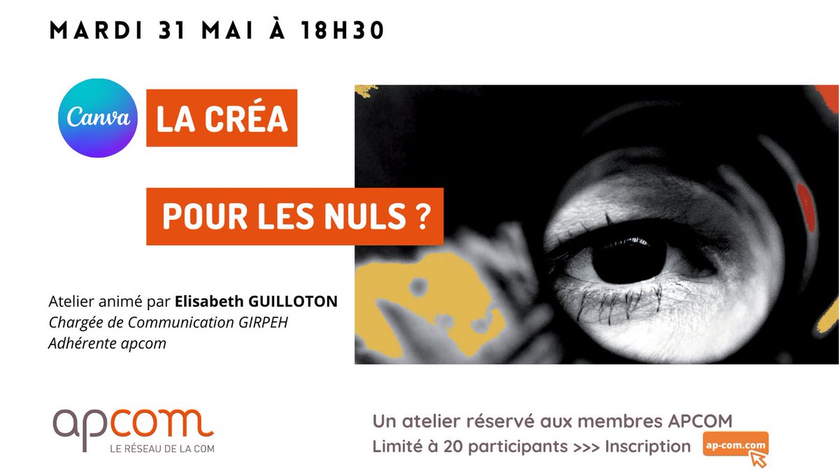 Participez à notre prochain atelier apcom par et pour les adhérents 🚀

🎨Canva, la créa pour les nuls ?

Evènement réservé aux membres et limité à 20 places

🔥Réservez votre place sans plus tarder : apcom.s2.yapla.com/fr/event-27684
