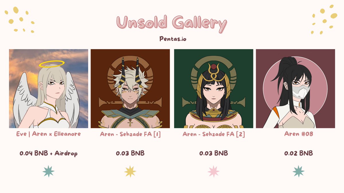 📍Unsold Gallery ~

Eve | Aren x <a href="/by_elleanore/">elleanore</a>
app.pentas.io/nft/256280

Aren - Sehzade FA [1]
app.pentas.io/nft/244203

Aren - Sehzade FA [2]
app.pentas.io/nft/244204

Aren #08
app.pentas.io/nft/240948

Likes &amp; RTs are highly appreciated so they can find their new owners, sankyuu <3