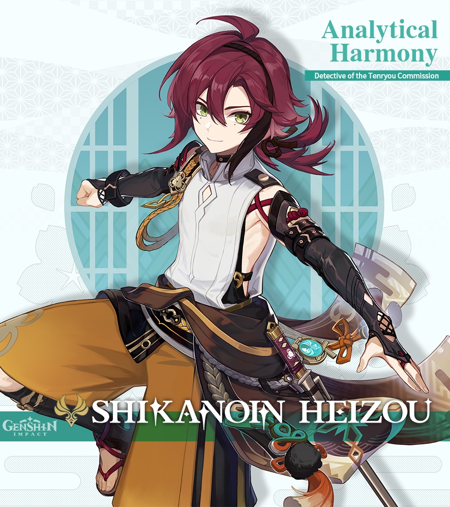 rii_gdb's tweet photo. Shikanoin Heizou is detective from Inazuma who works for Tenryou Commission. He’s been mentioned by some active characters in their voice overs: Gorou, Sangonomiya Kokomi, Kujou Sara, Kamisato Ayaka, and Thoma.

https://t.co/unKZmU8wsc

#GenshinImpact #Anemo https://t.co/YVYPTmbXmC