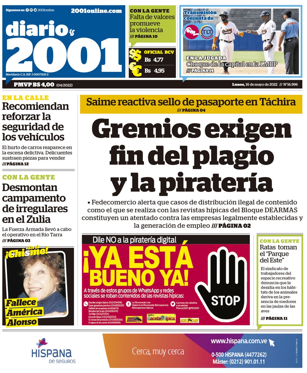 ¡Muy buenos días para todos!
Esta es nuestra portada de hoy #lunes #16mayo en la edición impresa de 2001. Busca tu ejemplar en toda la Gran Caracas. ¡Siempre contigo! Amplía estas y otras noticias en nuestra página web: 2001online.com