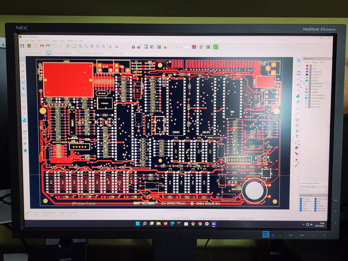 devzine_pl's tweet photo. Busy weekend. Here is the Issue 6A
motherboard clone. All components, vias and main tracks are placed.
I know there are projects like Harlequin and a clone of the 3B, but this one is mine and I do it just for fun 😎
#Sinclair #ZXSpectrum #Speccy #KiCad #Retrocomputing https://t.co/QZghoHDJZe
