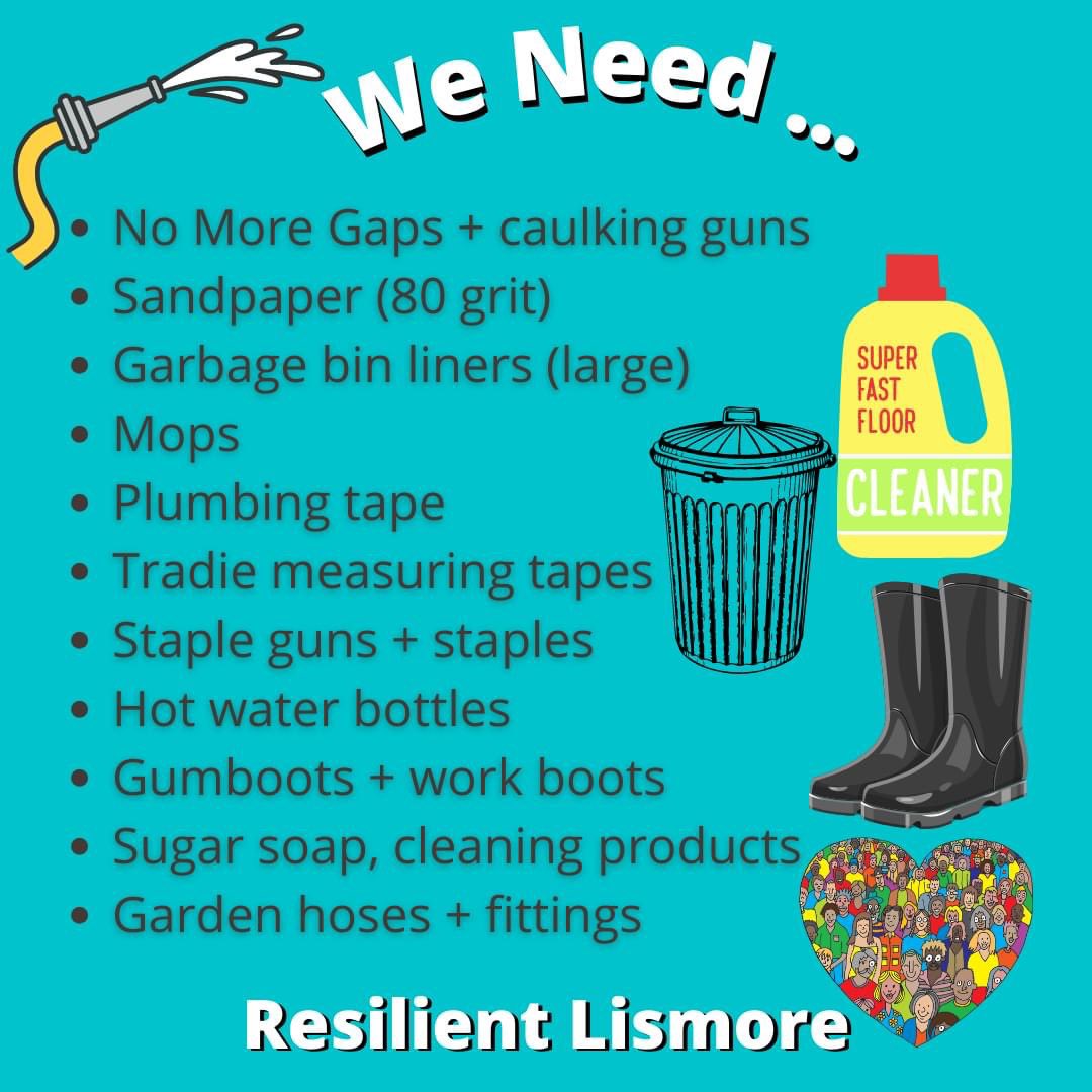 ❤️ TOOL LIBRARY SUPPLIES NEEDED BY OUR COMMUNITY!
If you go online to Woolies, Coles, Bunnings or other stores you can purchase goods &amp; have them delivered to: 
Resilient Lismore
117 Magellan Street
LISMORE NSW 2480
Thanks for supporting our community! #lismorefloods2022