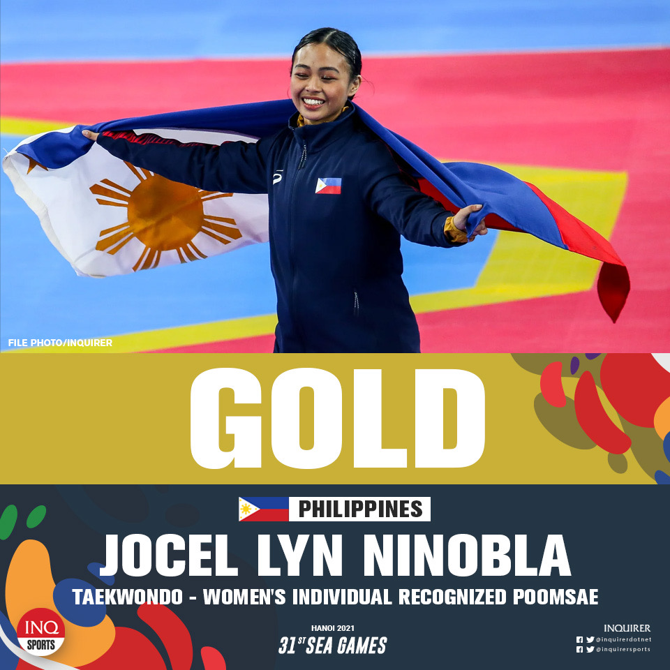inquirersports's tweet photo. Jocel Lyn Ninobla wins a gold in poomsae! 🥇🇵🇭  It's the Philippines' first gold in taekwondo! #SEAGames https://t.co/duZWLnWDCR