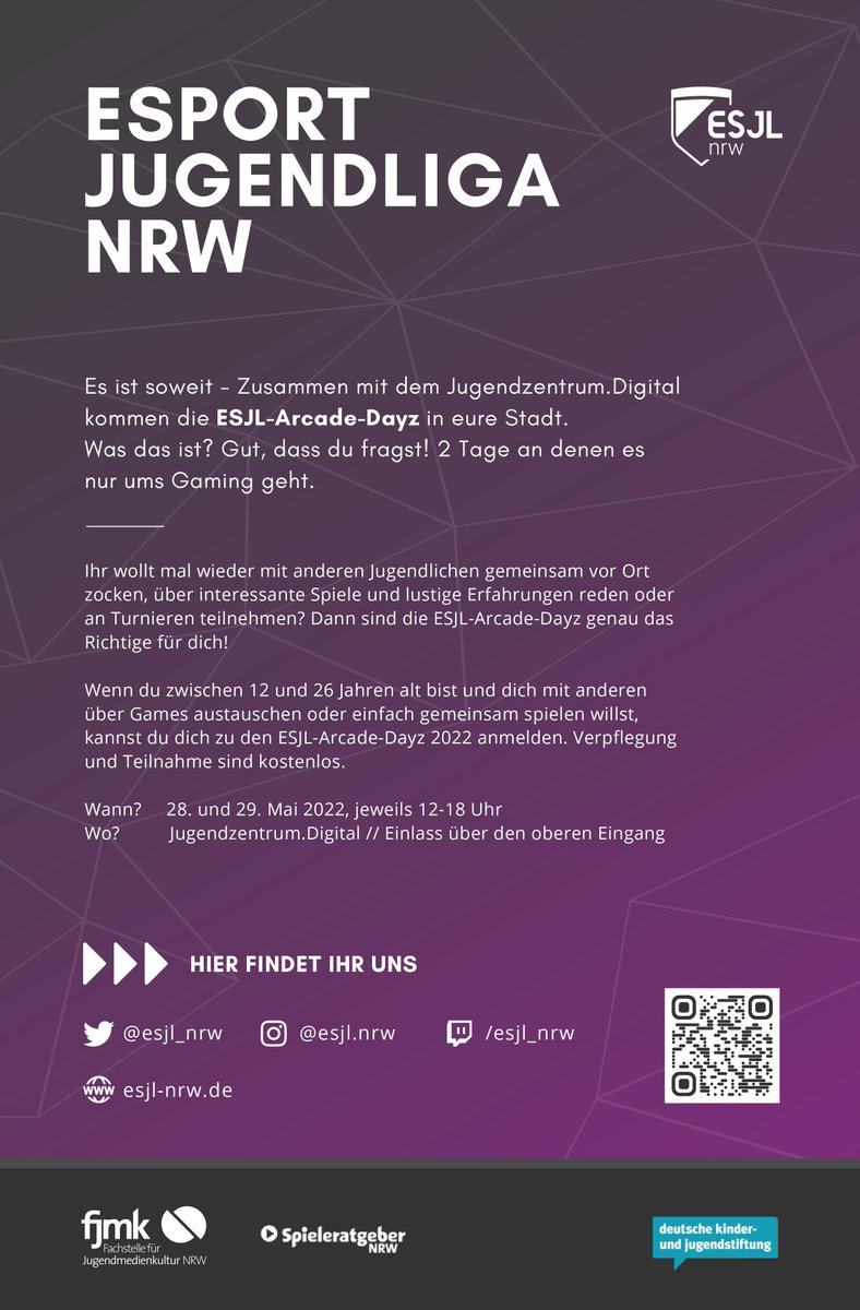 esjl_nrw's tweet photo. Finally! Zusammen mit euren Jugendzentren kommen die #ESJL-Arcade-Dayz, 2 Tage, an denen es nur ums Gaming geht, diesen Sommer in eure Stadt. Den Start macht das @JugendzentrumD nächste Woche 💜
Hier findet ihr alle Termine der ESJL-Arcade-Dayz Tour 2022: https://t.co/RiRo1sLZPj https://t.co/SR4BjE1rzZ