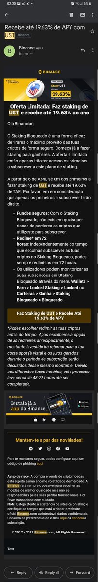 baraforatt2's tweet photo. @cz_binance What will @binance do about the misleading advertisement sent directly to users April 7 - May 7 with claims of "safe", "non-risk fiat value" UST staking? Your support is not taking these claims seriously despite several days of back and forwards. https://t.co/8gw5JwnkaH