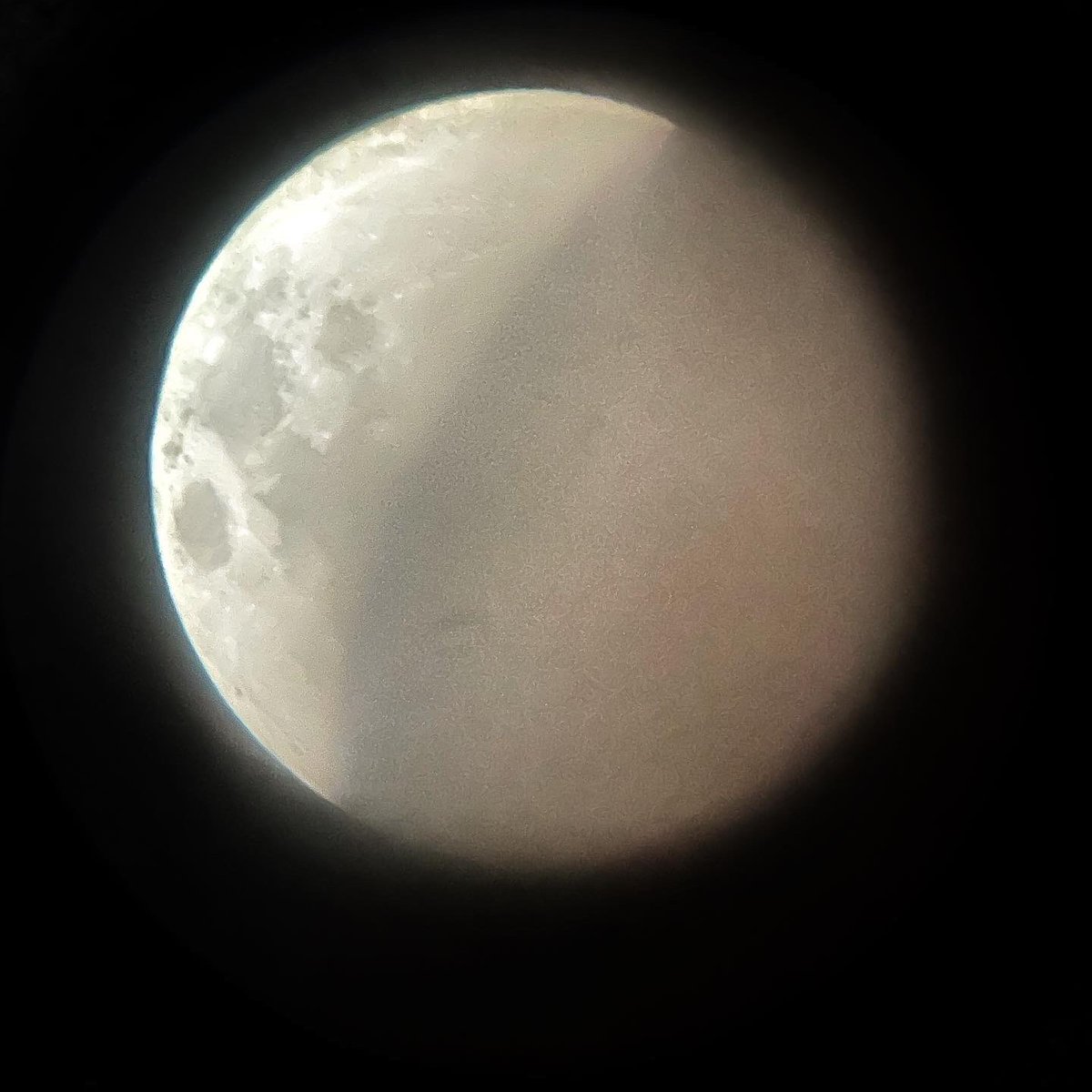 Meldenius's tweet photo. Not terrible given my old equipment and the fact that I had to hold the iPhone up to the lens. Lovely to watch, though. #lunareclipse https://t.co/iZiFBmOsfx
