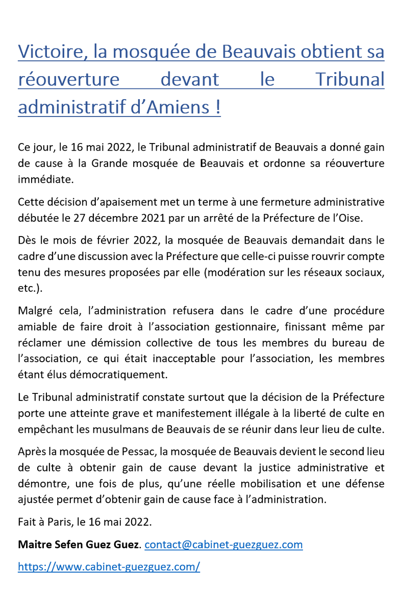 Me_GuezGuez's tweet photo. 🔴 [Communiqué exclusif] : La mosquée de Beauvais vient d'obtenir gain de cause devant le Tribunal administratif d'Amiens et réouvre immédiatement! https://t.co/EsSvvH5NRC