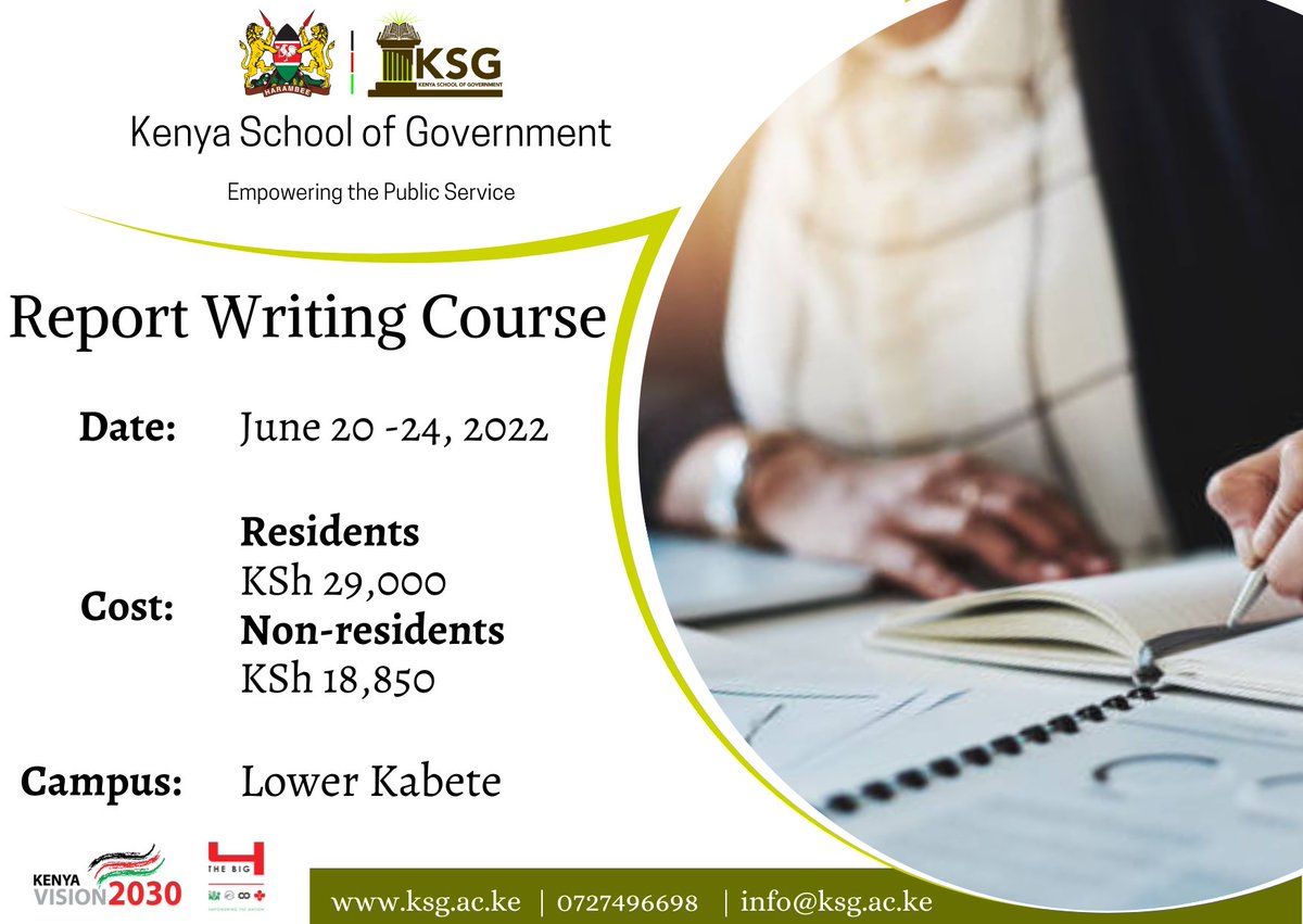KSGKenya's tweet photo. ELEVATE your report writing skills with us.
Join the upcoming cohort of the Report Writing Course at our Lower Kabete Campus.
Register here: http://41.89.60.50:7078/Account/Login.
#publicservicetraining #TeamKSG #reportwriting https://t.co/z3tSibwL7a