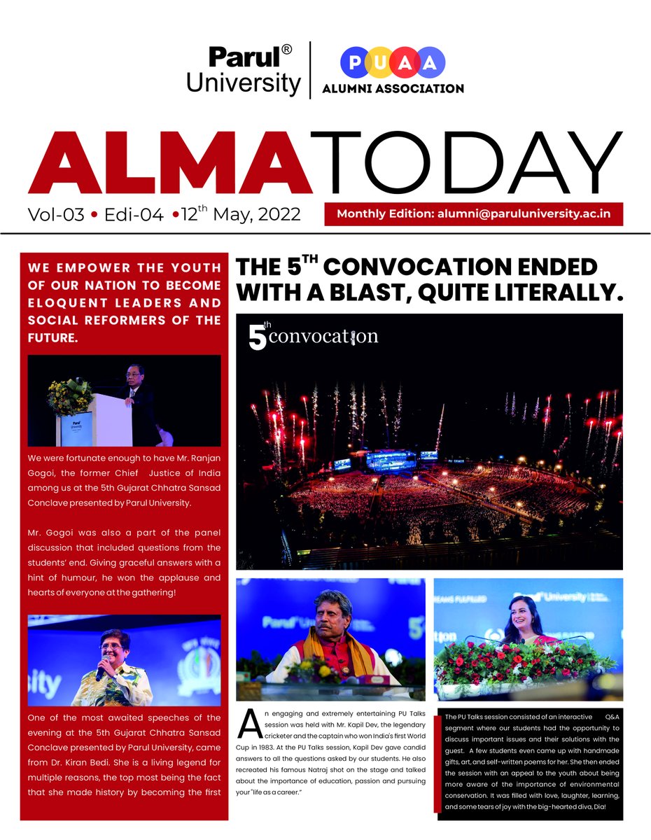 ParulAlumni's tweet image. PU Alumni Association proudly brings to you the April 2022 edition of the PU Alumni Newsletter – Alma Today.

#AlmaToday
#AlumniNewsletter
#PUAlumniAssociation
#ParulUniveristy