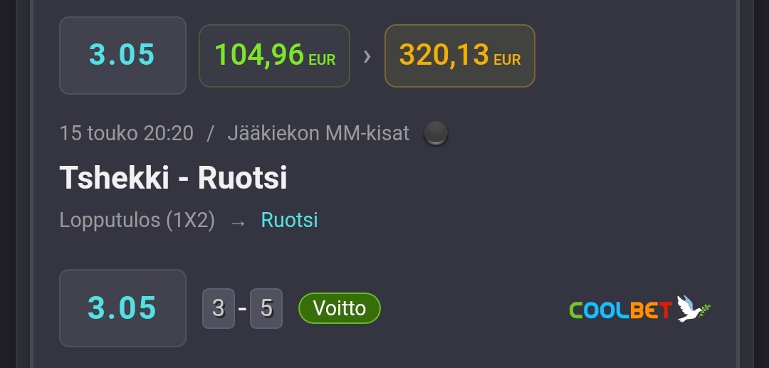Jartsi's tweet photo. Tällä kupongilla varmistui eilen ensimmäinen oma #triplaus -kampanjan voitto @Coolbet_ 
Tuplaus on tullut pariinkin kertaan vedettyä läpi, mutta triplaus on osoittautunut huomattavasti vaikeammaksi itselle. https://t.co/1KRzLQDukY
