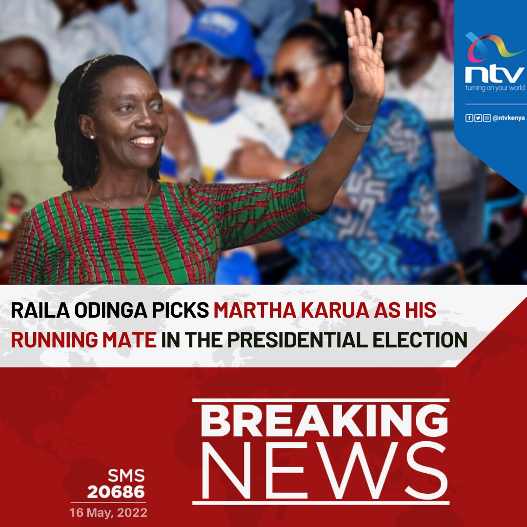 BREAKING: Raila Odinga announces Martha Karua as his running mate.
