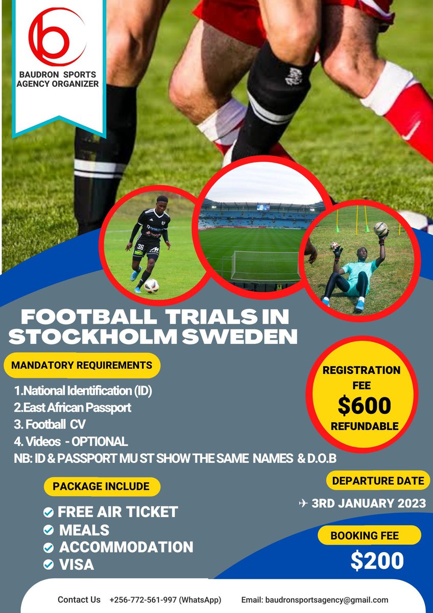 CephasTendereza's tweet photo. Pleased to be able to recommend this opportunity to #football players from East Africa to attend trials in #Sweden that's organised by @Bsagency3 

See leaflet below for more information and contacts. https://t.co/BNjPj6SbSf