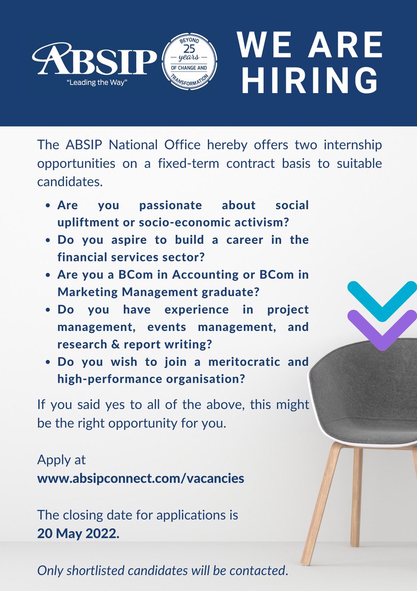 absip's tweet photo. Reminder! ABSIP National is offering two internship opportunities on a fixed-term contract basis to suitable candidates. Visit our vacancies site at https://t.co/mLIbf5O2aj https://t.co/TmEMXEYZG1