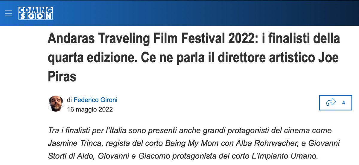 AndarasFilmFest's tweet photo. Andaras Traveling Film Festival is Coming Soon 🙂
11-16 luglio 2022 #Sardegna #Costadelleminiere 
Intervista al direttore artistico #ATFF22 Joe Piras
Grazie @comingsoonit @federicogironi 
#Cinema #Viaggi #Ambiente #Cibo con  @SlowFoodItaly 
https://t.co/WE4MyfKVJm https://t.co/lynCRQx6IW