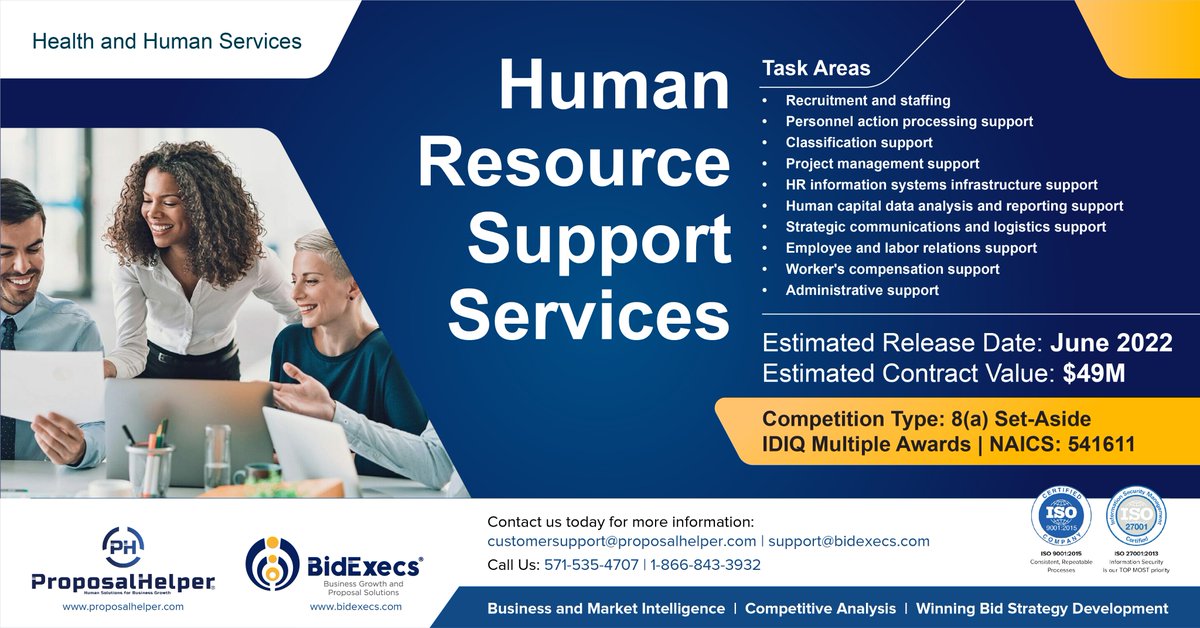 BidExecs's tweet image. IDIQ Monday Is Here! A Multiple Award IDIQ you don&apos;t want to miss! Contact BidExecs for Business growth Bid and Proposal franchising, and Proposal Management Solutions.
#bidexecs #humanresource #services #support #recruiting #staffing #administrative #worker #employee