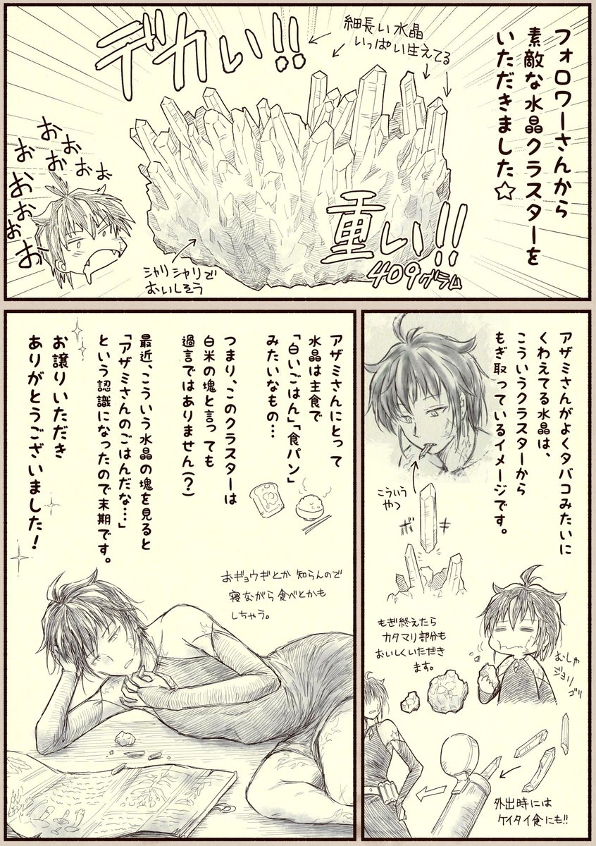 #食べ物じゃないものを食べるあなたのオリキャラを紹介してください
よしきた…!ウチの魔女のアザミさんです!
木の実や薬草も食べられますが、主食に石を食べています!
水晶 is しろいご飯🍚
一枚絵でも煙草みたいに水晶の欠片をくわえていることが多いです。