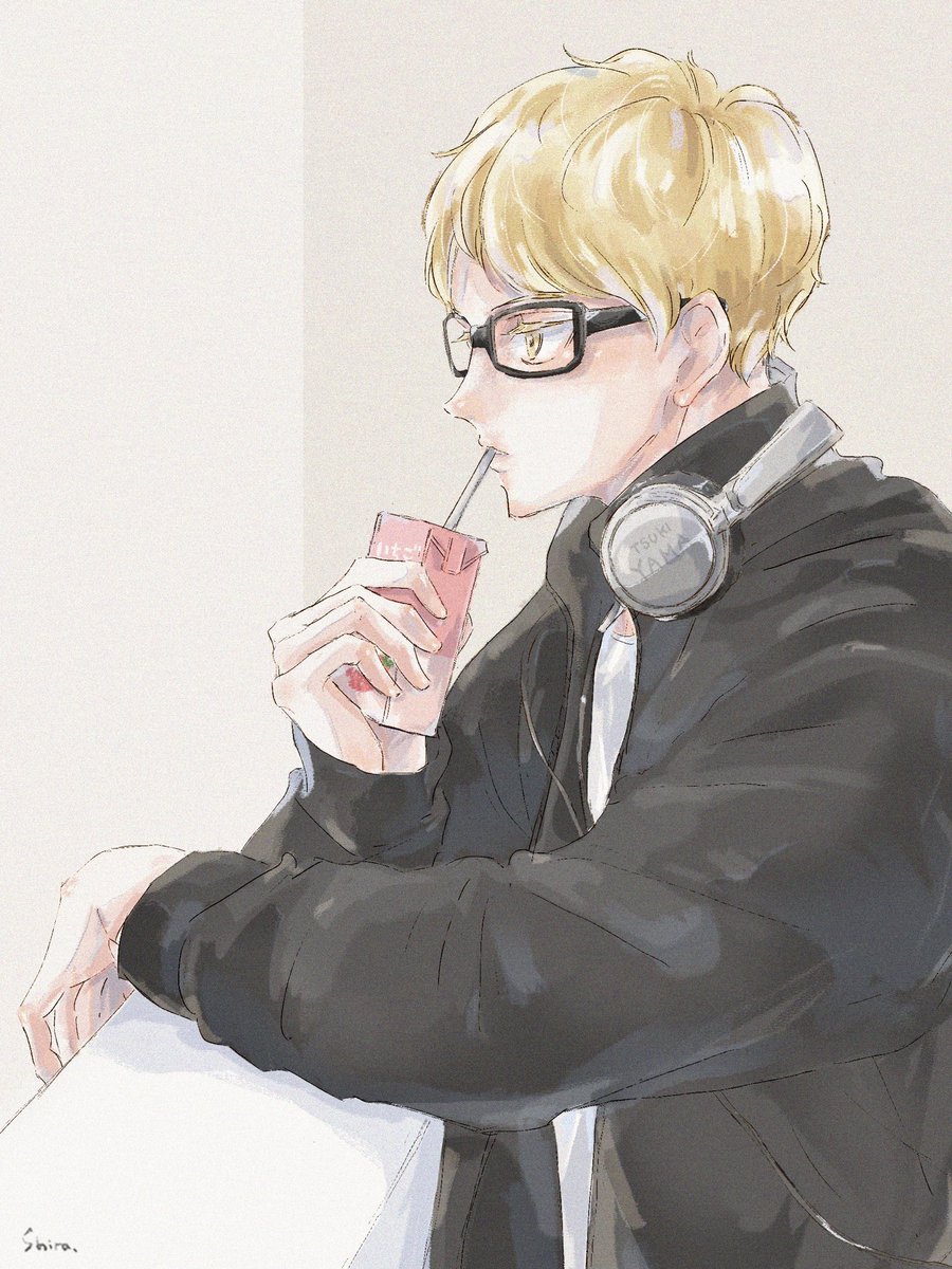 1boy male focus blonde hair glasses headphones solo juice box  illustration images