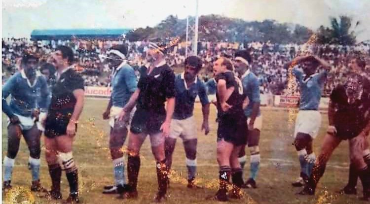 "Suva vs All Blacks match 1980 at National Stadium. Suva from left:
T. Tubunanitu, Kata Ratumuri, Nimi Ratudina, J. Baledrokadroka and Marika Nasegai. All Blacks from left: John Ashworth, Graeme Higginson, John Spiers, Andy Haden and Graham Mourie."

📷 Jone  Baledrokadroka (FB)
