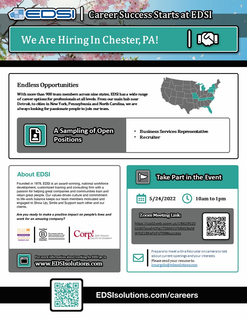 EDSI_Solutions's tweet photo. Attention Chester, PA jobseekers! Are you looking for a meaningful career opportunity with a values-driven company? Join our virtual job fair 5/24 to learn more about us and our open positions. #PAjobs #nowhiring #recruiterjob #BSRjob https://t.co/dyQo3QrUHh