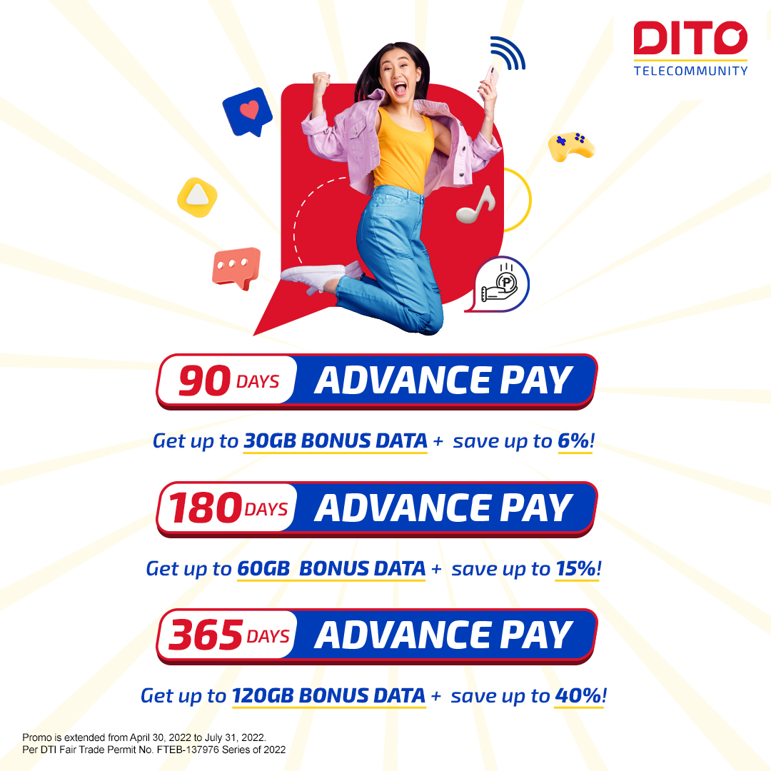 DITOphofficial's tweet photo. Give DITO Advance Pay a try today!
Subscribe for 90 days, 180 days, or 365 days and get bonus data + discounts! Log in now via the DITO App to subscribe!
Learn more: https://t.co/uUzqVSlThk
#LevelUpDITO #DITOAdvancePay #DITOph https://t.co/pN1Q96S1wm