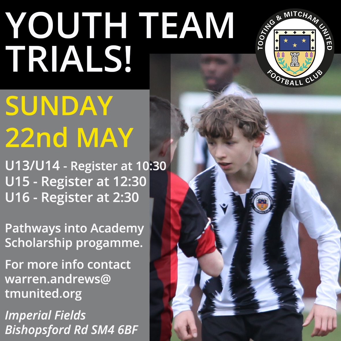 OfficialTmufc's tweet photo. Youth Team Trials this Sunday 22nd May ⚽️

U13/U14 - Register at 10:30
U15 - Register at 12:30
U16 - Register at 2:30

For more information or if you have any questions please email Warren.andrews@tmunited.org https://t.co/cf060FDx6s